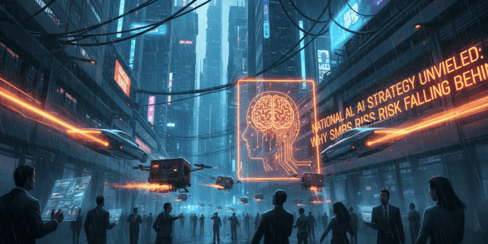 Futuristic cityscape with digital AI brain and neon signs highlighting AI strategy.