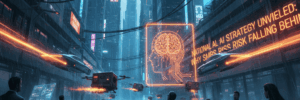 Futuristic cityscape with digital AI brain and neon signs highlighting AI strategy.