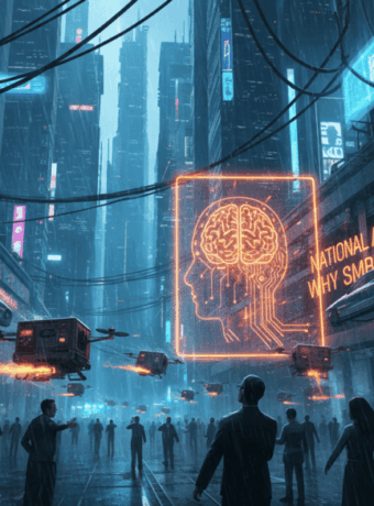 Futuristic cityscape with digital AI brain and neon signs highlighting AI strategy.