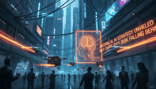 Futuristic cityscape with digital AI brain and neon signs highlighting AI strategy.