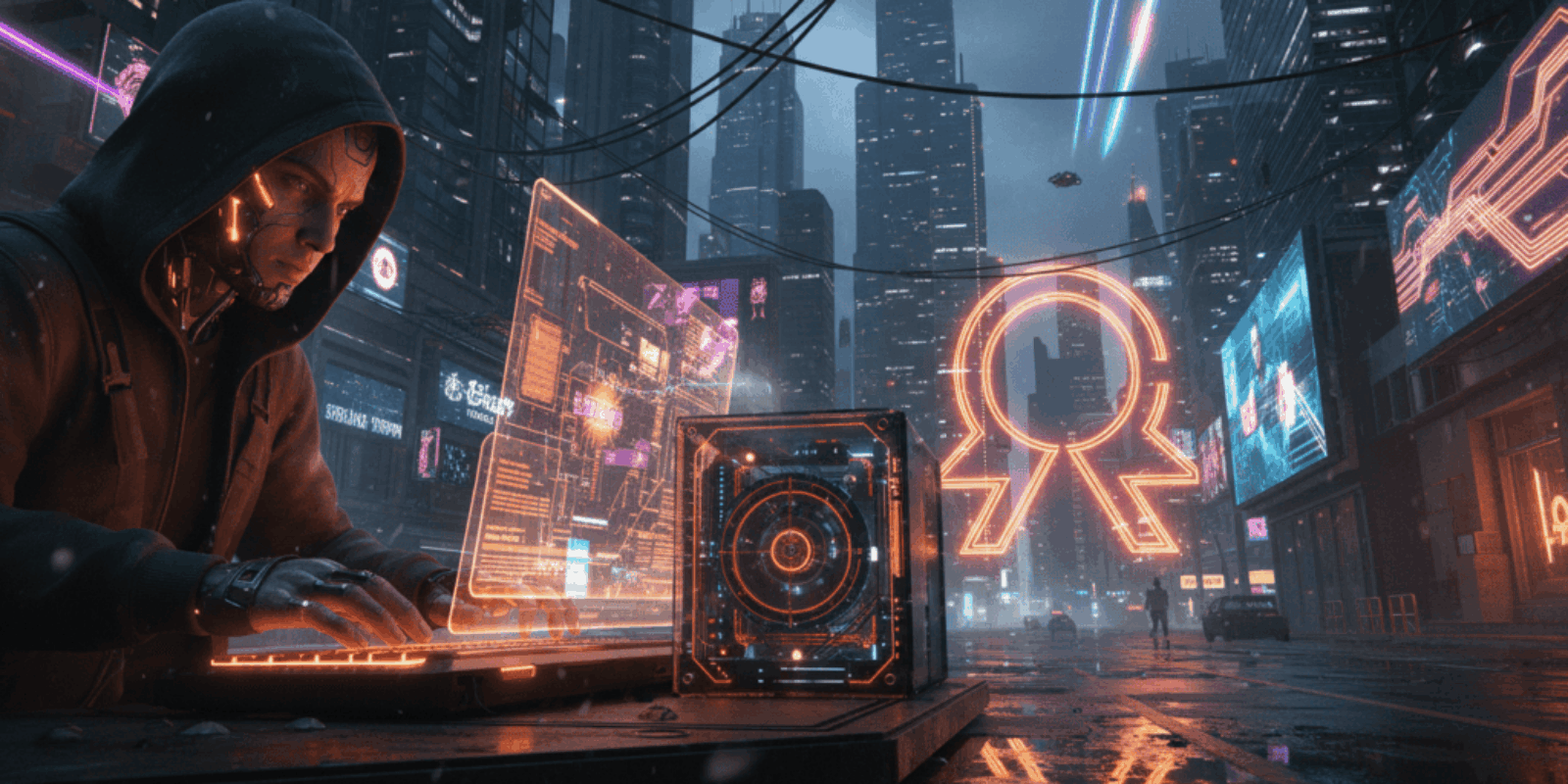 Cybersecurity expert working on quantum encryption in a futuristic cityscape.