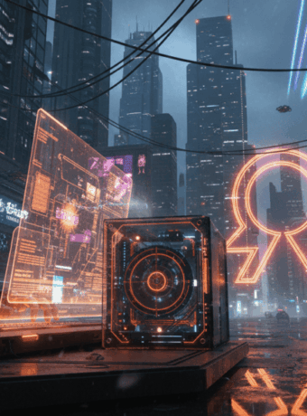 Cybersecurity expert working on quantum encryption in a futuristic cityscape.