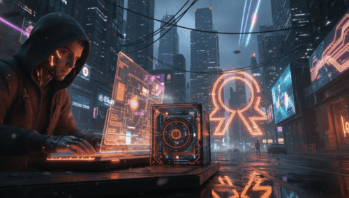 Cybersecurity expert working on quantum encryption in a futuristic cityscape.