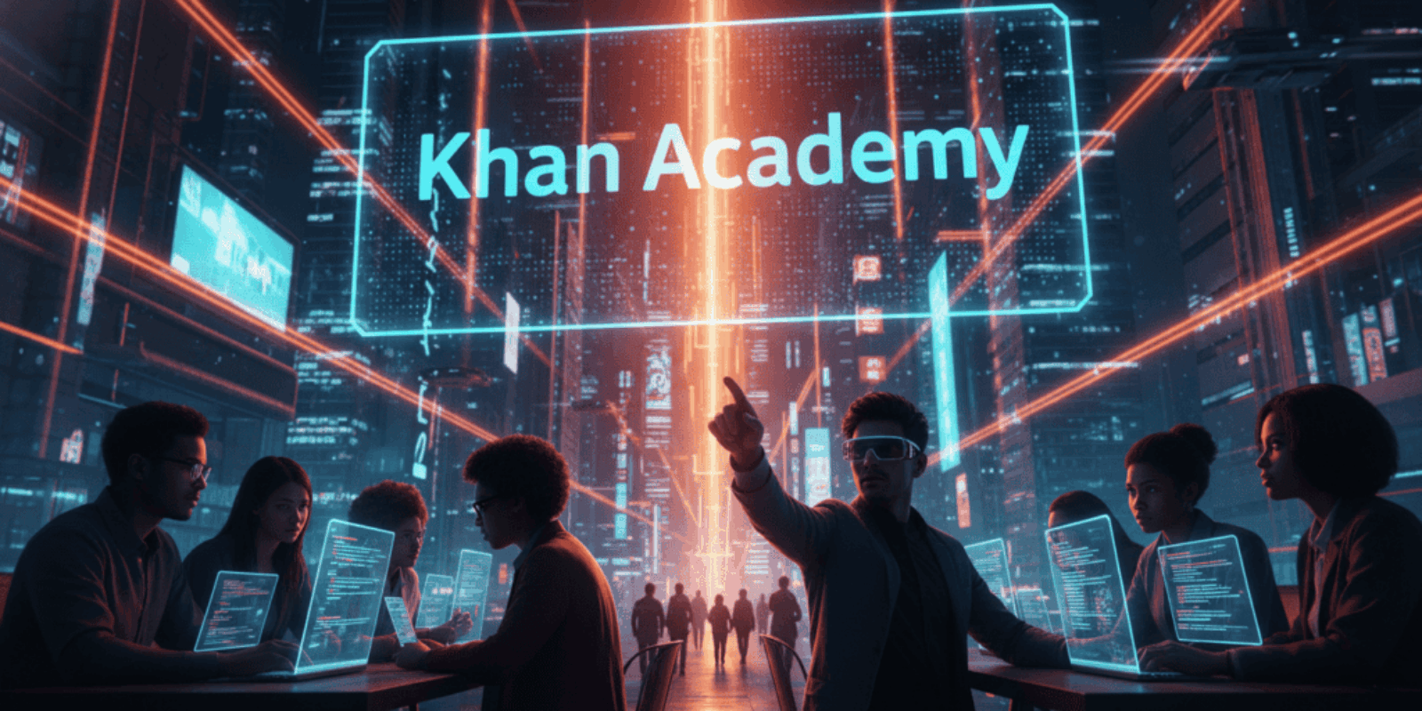 Students working with AI technology in a futuristic classroom setting.