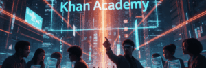 Students working with AI technology in a futuristic classroom setting.