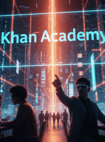 Students working with AI technology in a futuristic classroom setting.