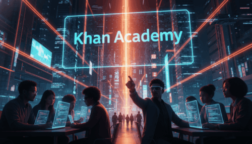 Students working with AI technology in a futuristic classroom setting.