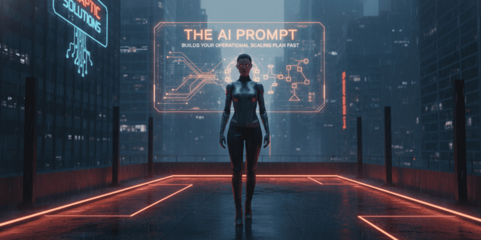 Futuristic woman with digital interface on city rooftop at night.