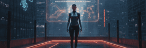 Futuristic woman with digital interface on city rooftop at night.