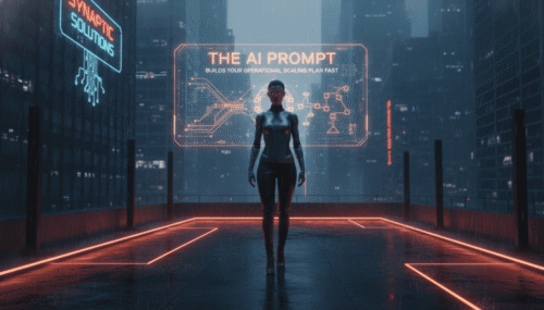 Futuristic woman with digital interface on city rooftop at night.