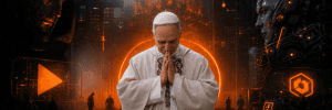 Pope Leo in a futuristic city surrounded by AI robots and digital cityscape at night.
