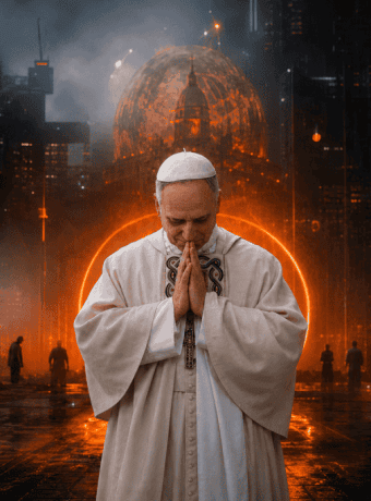 Pope Leo in a futuristic city surrounded by AI robots and digital cityscape at night.