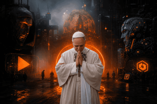 Pope Leo in a futuristic city surrounded by AI robots and digital cityscape at night.