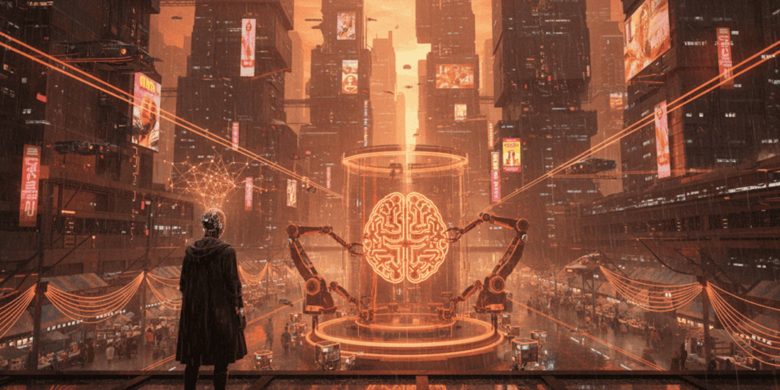 Futuristic city with AI brain interface and robotic arms in a high-tech urban environment.
