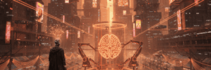 Futuristic city with AI brain interface and robotic arms in a high-tech urban environment.