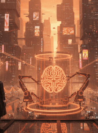 Futuristic city with AI brain interface and robotic arms in a high-tech urban environment.