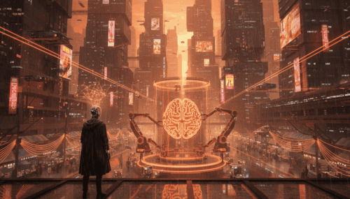 Futuristic city with AI brain interface and robotic arms in a high-tech urban environment.