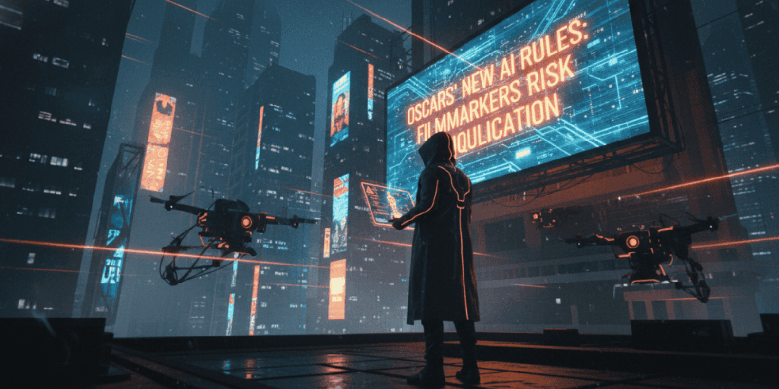 Person with drone filming in a futuristic cityscape with AI rules headline in background.
