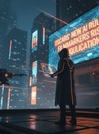 Person with drone filming in a futuristic cityscape with AI rules headline in background.