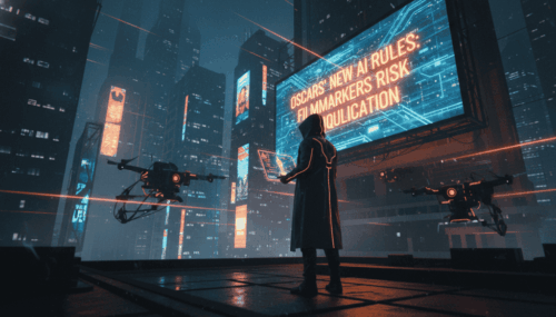 Person with drone filming in a futuristic cityscape with AI rules headline in background.