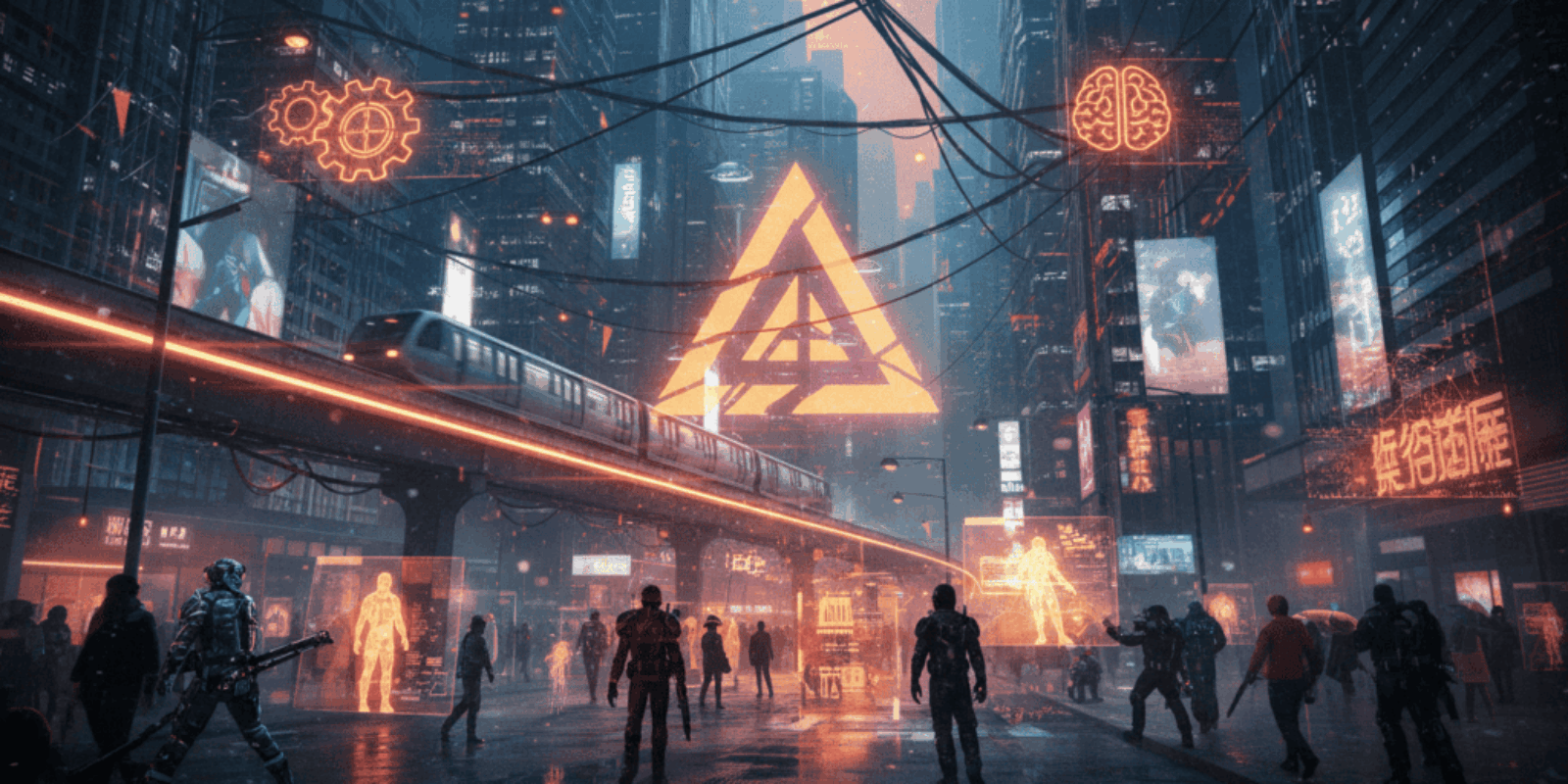 Futuristic cityscape with AI symbols and digital neon lights, highlighting AI risks for SMEs.