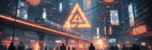 Futuristic cityscape with AI symbols and digital neon lights, highlighting AI risks for SMEs.
