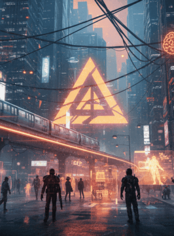 Futuristic cityscape with AI symbols and digital neon lights, highlighting AI risks for SMEs.