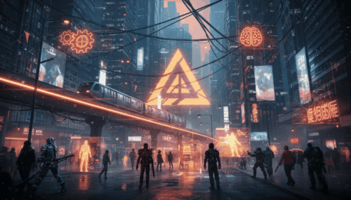 Futuristic cityscape with AI symbols and digital neon lights, highlighting AI risks for SMEs.