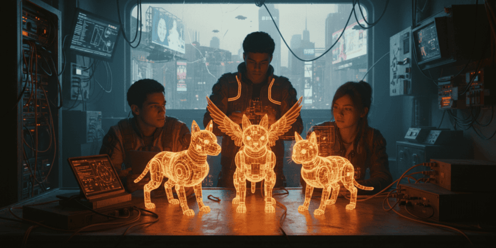 Young people interacting with holographic AI pets in a futuristic lab setting.