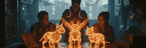Young people interacting with holographic AI pets in a futuristic lab setting.