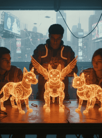 Young people interacting with holographic AI pets in a futuristic lab setting.