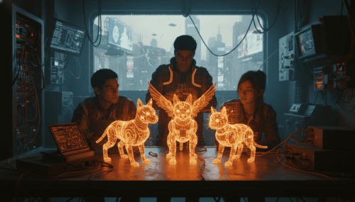 Young people interacting with holographic AI pets in a futuristic lab setting.
