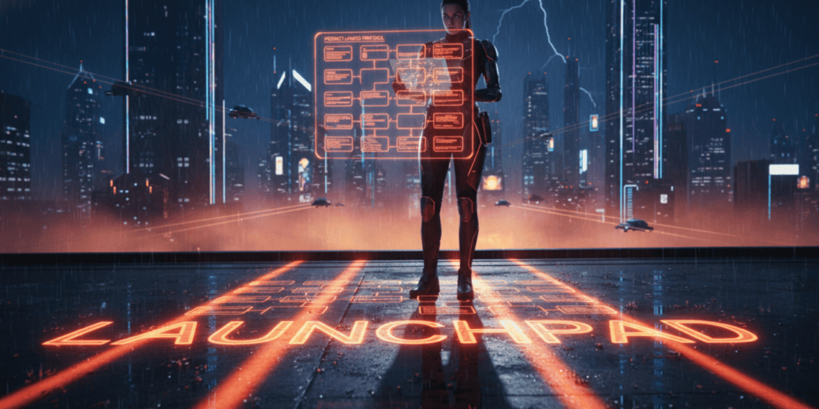 AI-powered product launch platform with digital interface in a modern urban setting.