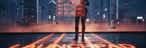 AI-powered product launch platform with digital interface in a modern urban setting.