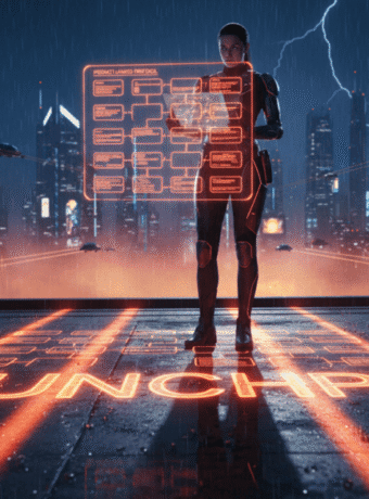 AI-powered product launch platform with digital interface in a modern urban setting.
