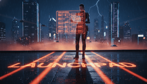 AI-powered product launch platform with digital interface in a modern urban setting.