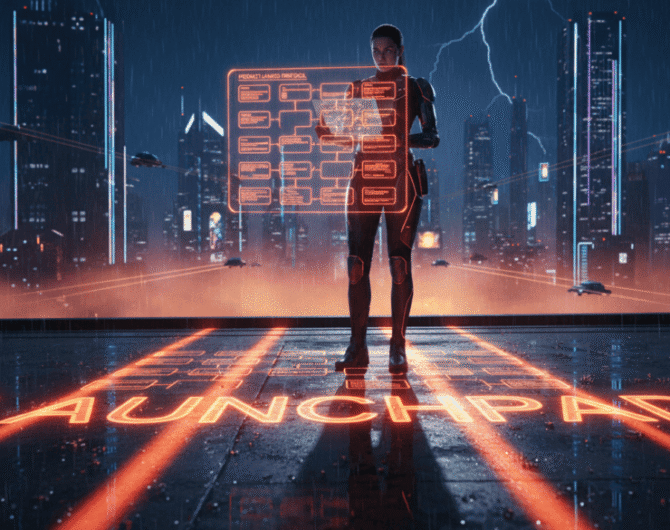 AI-powered product launch platform with digital interface in a modern urban setting.