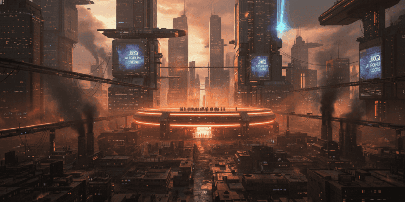 Advanced city with AI technology and skyscrapers at JXQ AI Forum 2026.