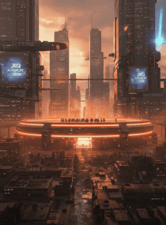 Advanced city with AI technology and skyscrapers at JXQ AI Forum 2026.