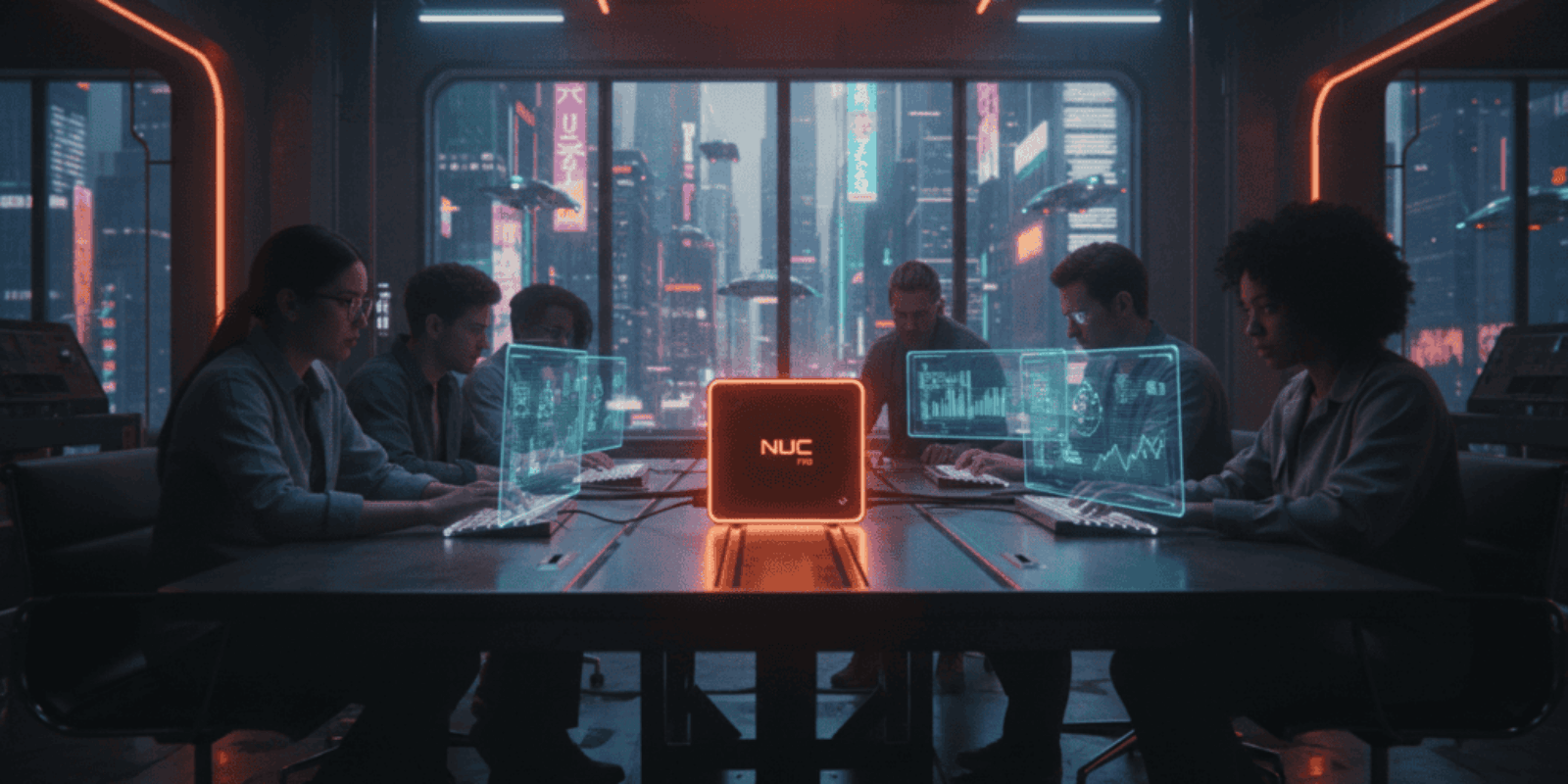 Small team collaborating with ASUS NUC 14 Pro AI in a futuristic office setting.