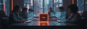 Small team collaborating with ASUS NUC 14 Pro AI in a futuristic office setting.