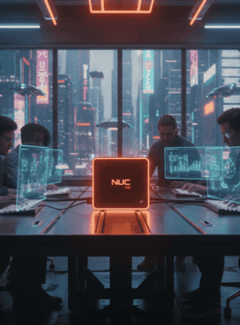 Small team collaborating with ASUS NUC 14 Pro AI in a futuristic office setting.