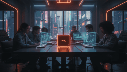 Small team collaborating with ASUS NUC 14 Pro AI in a futuristic office setting.