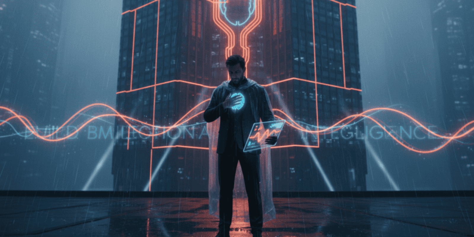 Business professional using AI technology with emotional intelligence focus.