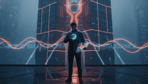 Business professional using AI technology with emotional intelligence focus.