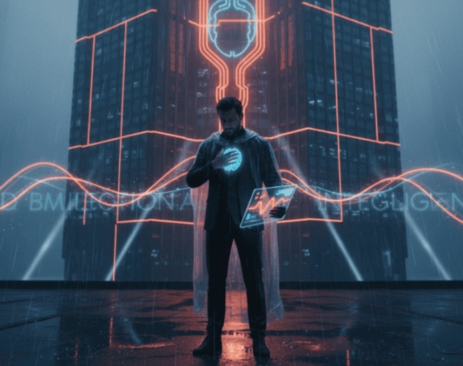 Business professional using AI technology with emotional intelligence focus.