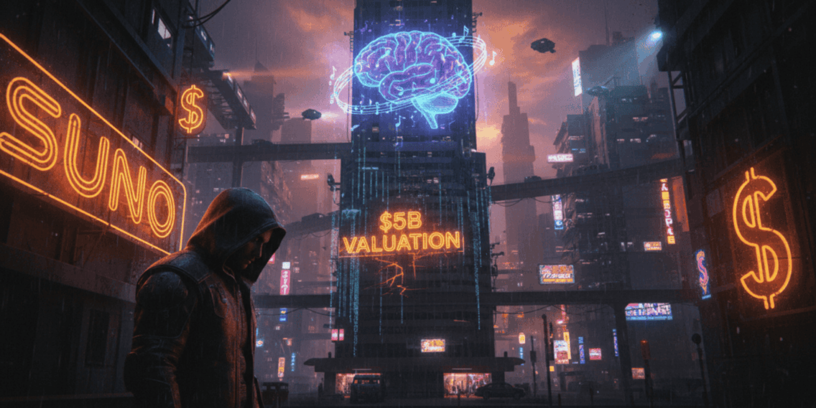 AI brain hologram over futuristic cityscape at night, highlighting Suno's $5B valuation in the AI mu.