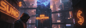 AI brain hologram over futuristic cityscape at night, highlighting Suno's $5B valuation in the AI mu.
