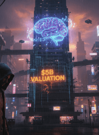 AI brain hologram over futuristic cityscape at night, highlighting Suno's $5B valuation in the AI mu.