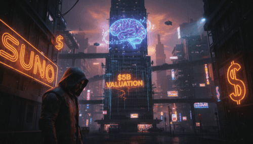 AI brain hologram over futuristic cityscape at night, highlighting Suno's $5B valuation in the AI mu.